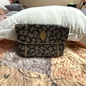 Textured Neutral Patterned Shoulder Bag with Gold Trim